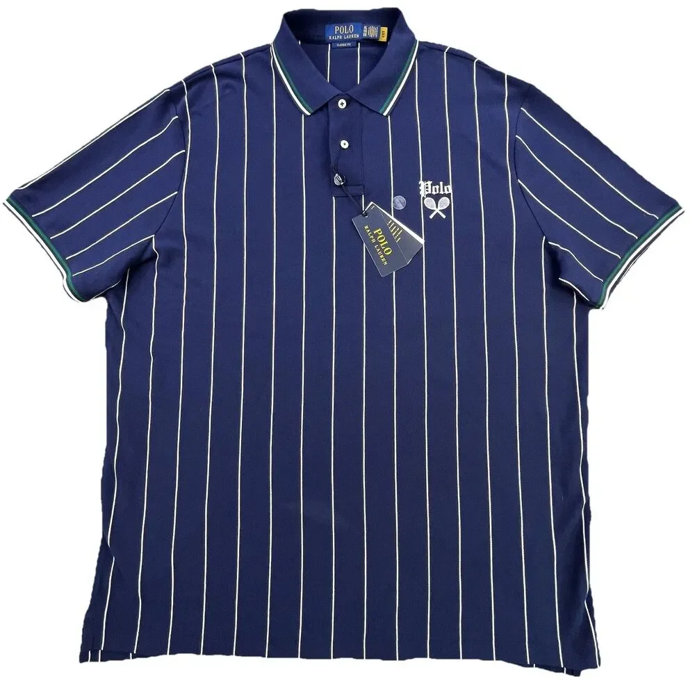 Polo Ralph Lauren Polo Shirt XL Tennis Racquet Navy Blue Stripe Classic Fit NEW